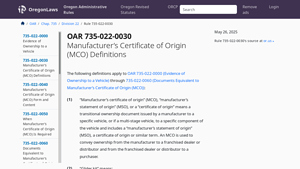 Oregon - Manufacturer’s Certificate of Origin