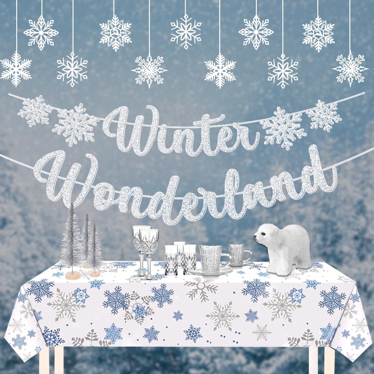 A stock image illustrating winter wonderland party supplies concepts