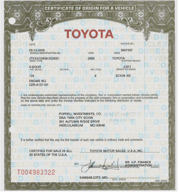 Acceptable Proofs of Ownership for Vehicles