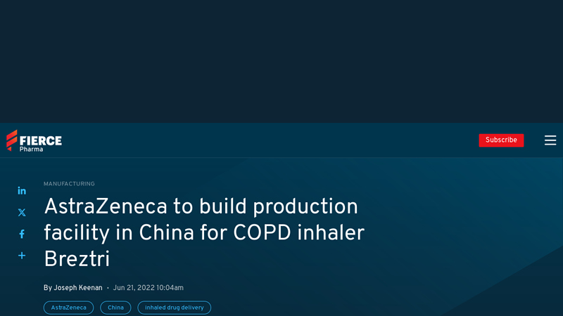 AstraZeneca to build COPD inhalant manufacturing facility in China