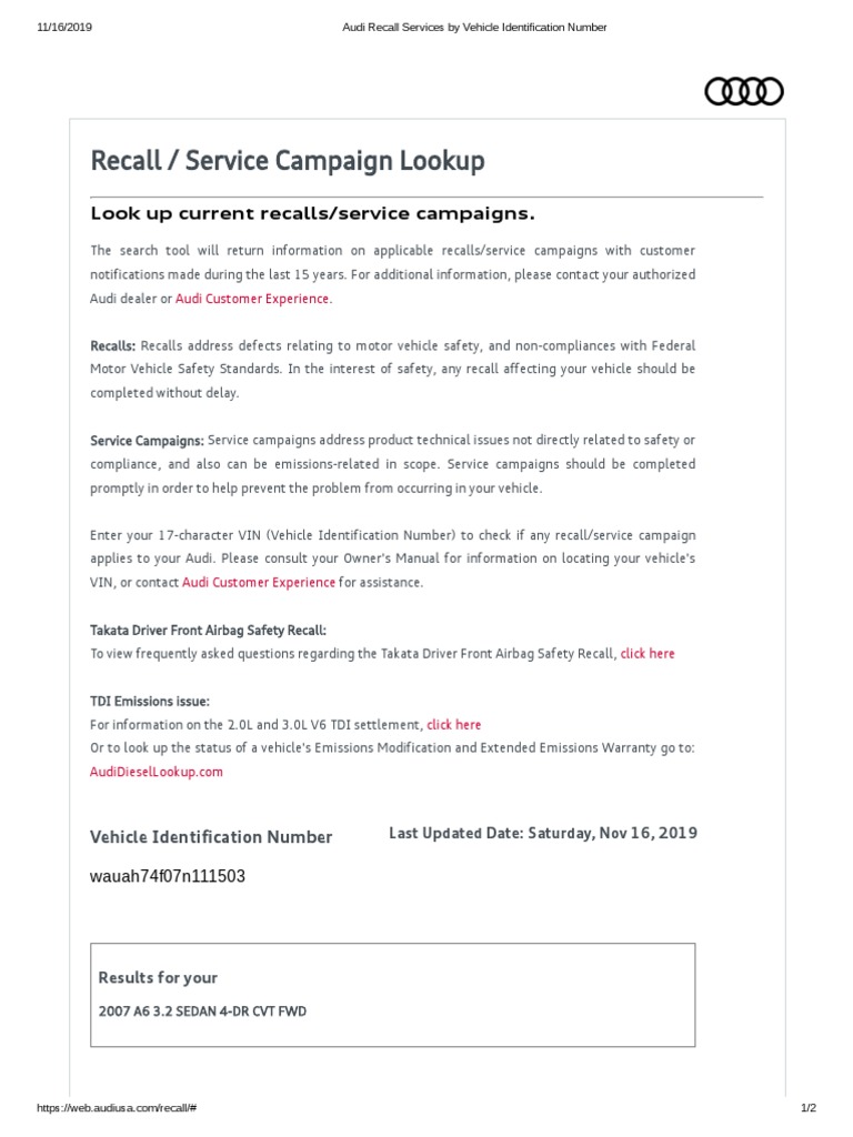 Audi Recall Services by Vehicle Identification Number