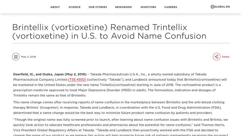 Brintellix (vortioxetine) Renamed Trintellix (vortioxetine) in U.S. to ...