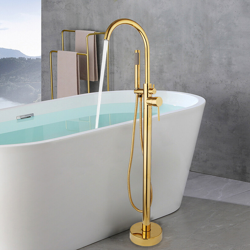 Brushed Gold Floor Mounted Brass Bathtub Filler Faucet