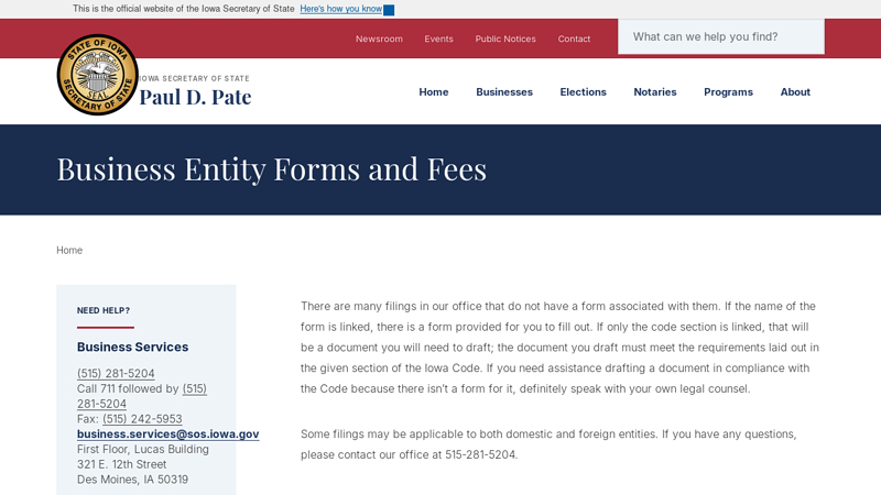 Business Entity Forms and Fees