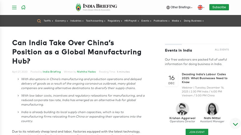 Can India Take Over China's Position as a Global Manufacturing Hub?