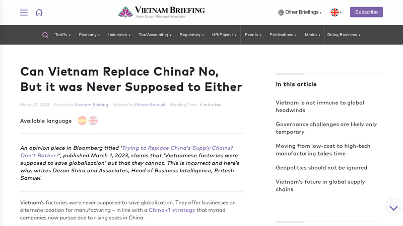 Can Vietnam Replace China? No, But it was Never Supposed to Either