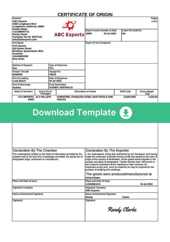 Certification of Origin Template