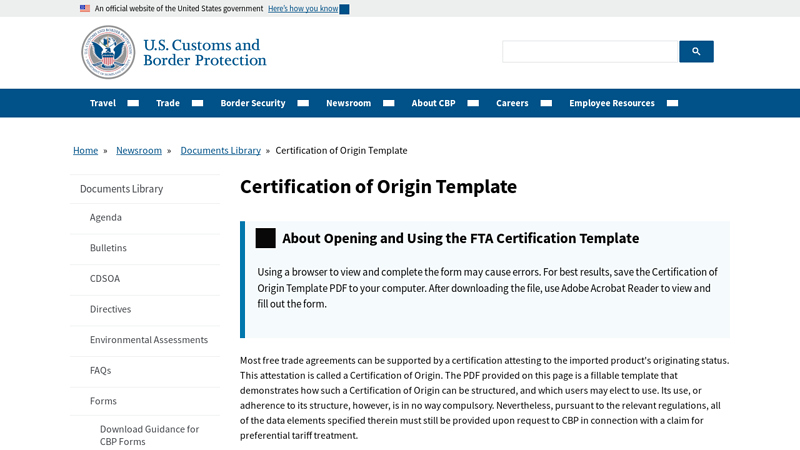 Certification of Origin Template
