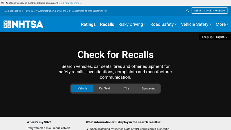 Check for Recalls: Vehicle, Car Seat, Tire, Equipment
