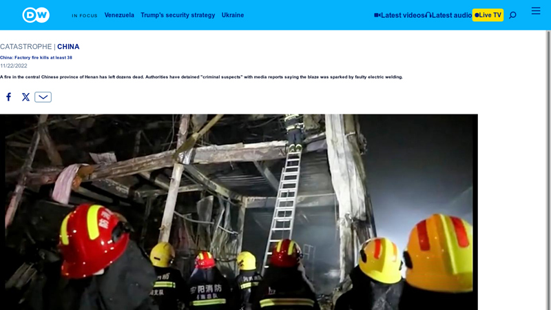 China: Factory fire kills at least 38
