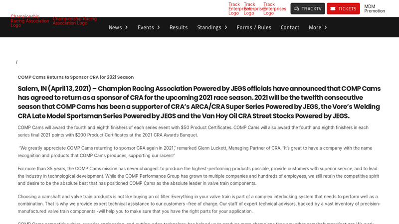 COMP Cams Returns to Sponsor CRA for 2021 Season