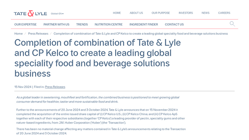 Completion of combination of Tate & Lyle and CP Kelco to create a ...