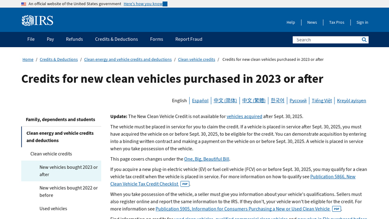 Credits for new clean vehicles purchased in 2023 or after