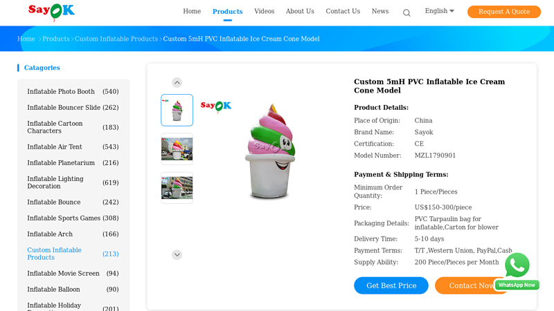 Custom 5mH PVC Inflatable Ice Cream Cone Model