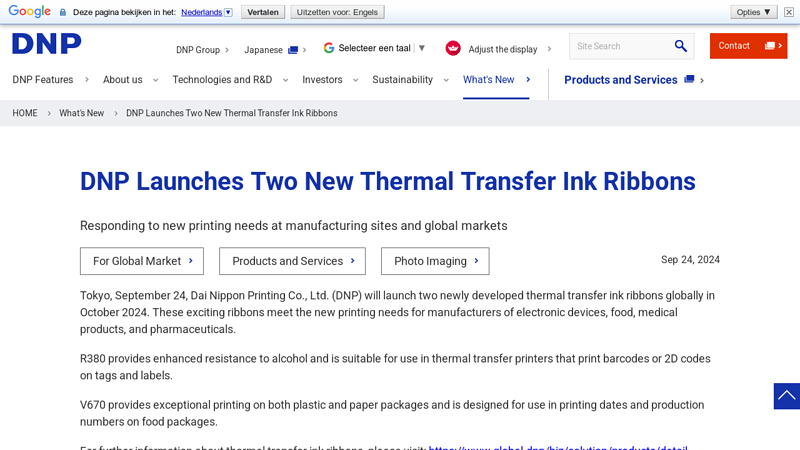 DNP Launches Two New Thermal Transfer Ink Ribbons
