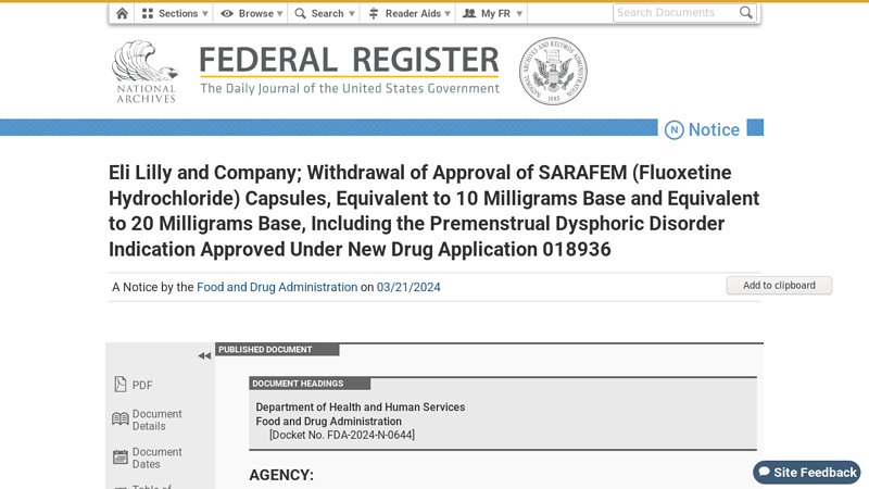 Eli Lilly and Company; Withdrawal of Approval of SARAFEM ...