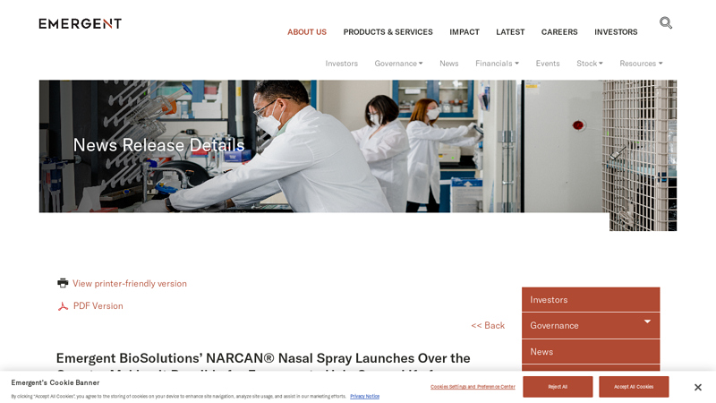 Emergent BioSolutions' NARCAN® Nasal Spray Launches Over the ...