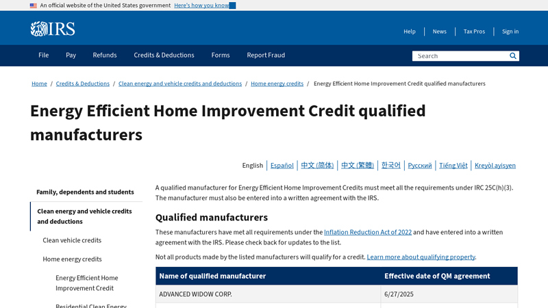Energy Efficient Improvement Credit qualified manufacturers