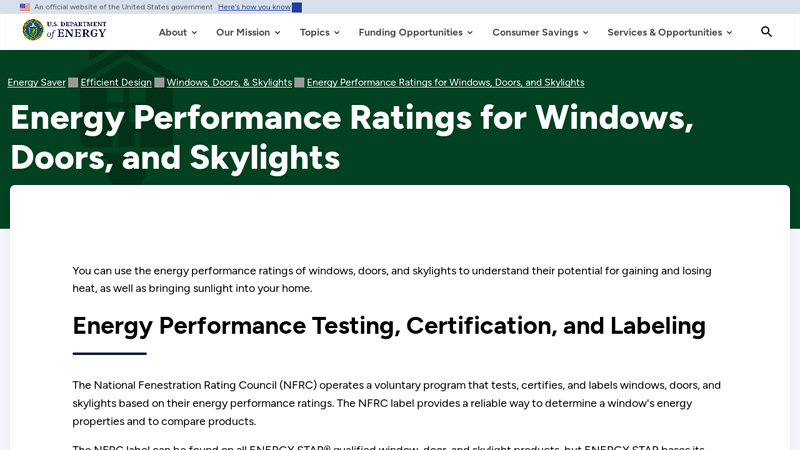Energy Performance Ratings for Windows, Doors, and Skylights