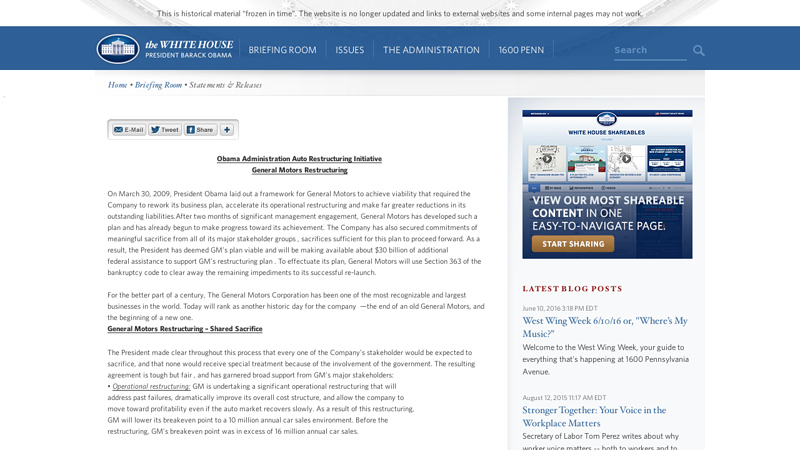 Fact Sheet on Obama Administration Auto Restructuring Initiative for ...