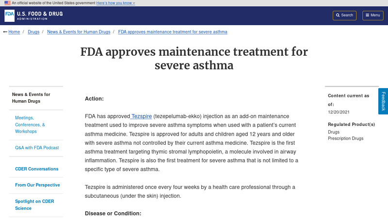 FDA approves maintenance treatment for severe asthma