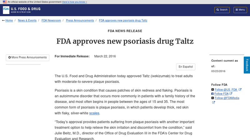 FDA approves new psoriasis drug Taltz