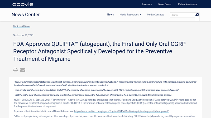 FDA Approves QULIPTA™ (atogepant), the First and Only Oral ...