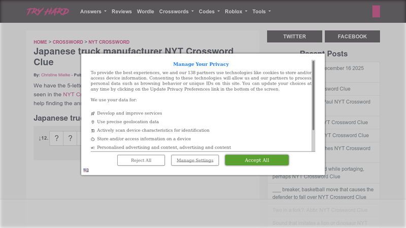 Japanese truck manufacturer NYT Crossword Clue