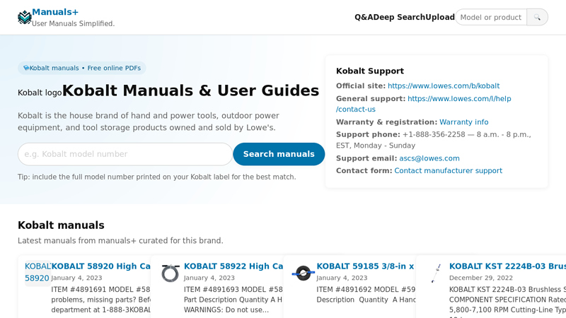 Kobalt Manuals & User Guides