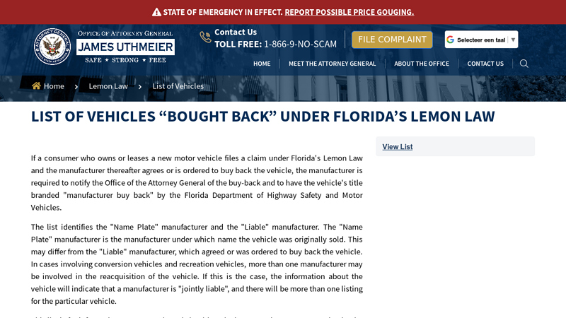 List of Vehicles “Bought Back” Under Florida's Lemon Law