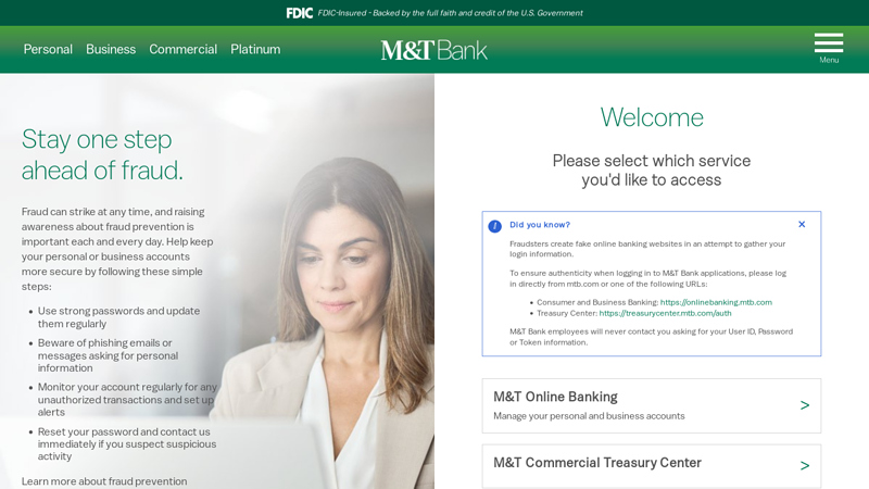 Log in to M&T Online Banking or Commercial Treasury Center