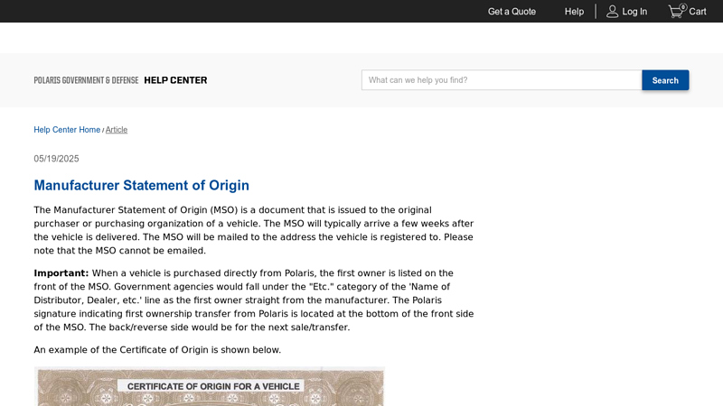 Manufacturer Statement of Origin