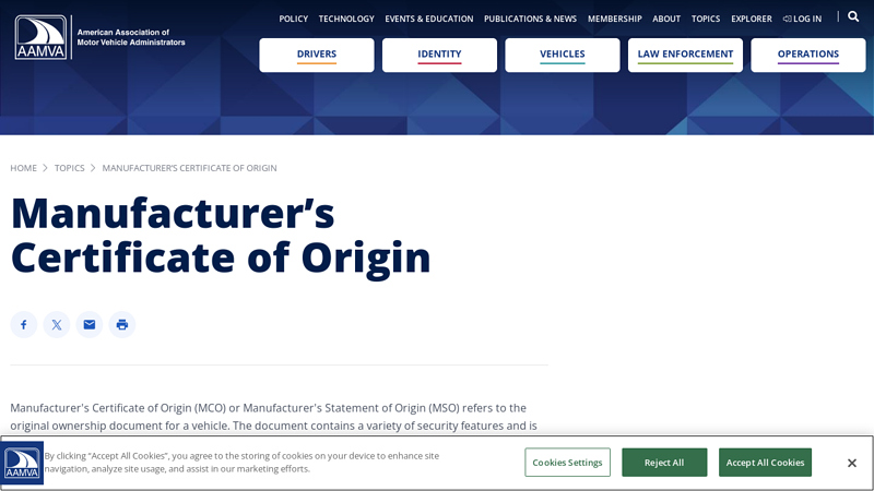 Manufacturer's Certificate of Origin