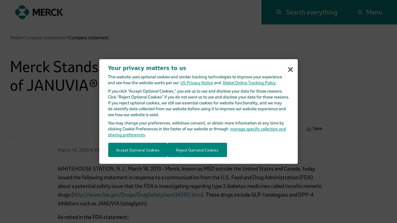 Merck Stands Behind the Safety Profile of JANUVIA® (sitagliptin)