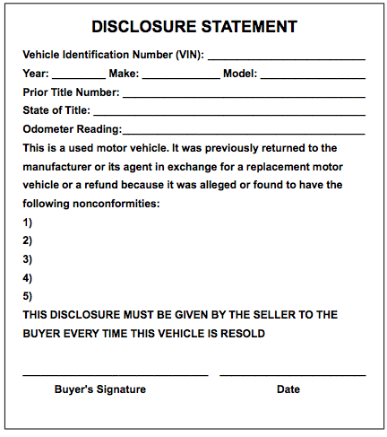 Motor Vehicle Buyback Disclosure