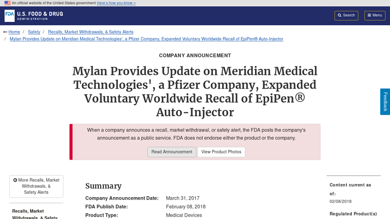 Mylan Provides Update on Meridian Medical Technologies', a Pfizer ...