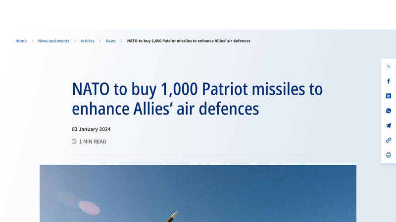 NATO to buy 1000 Patriot missiles to enhance Allies' air defences