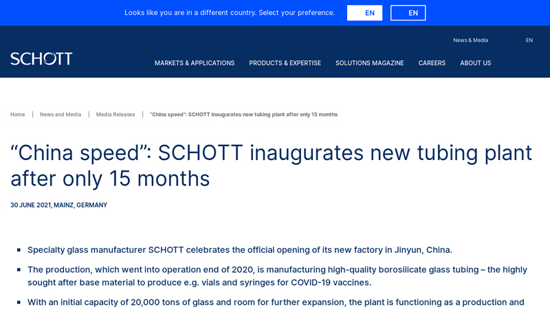 New glass tubing plant in China built in just 15 months