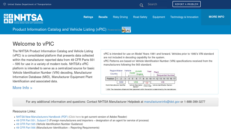 NHTSA Product Information Catalog and Vehicle Listing