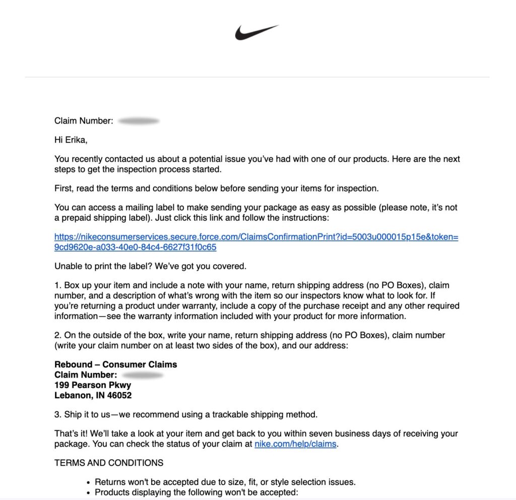 Nike 2 yr warranty return problem