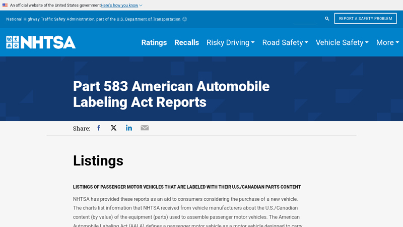 Part 583 American Automobile Labeling Act Reports