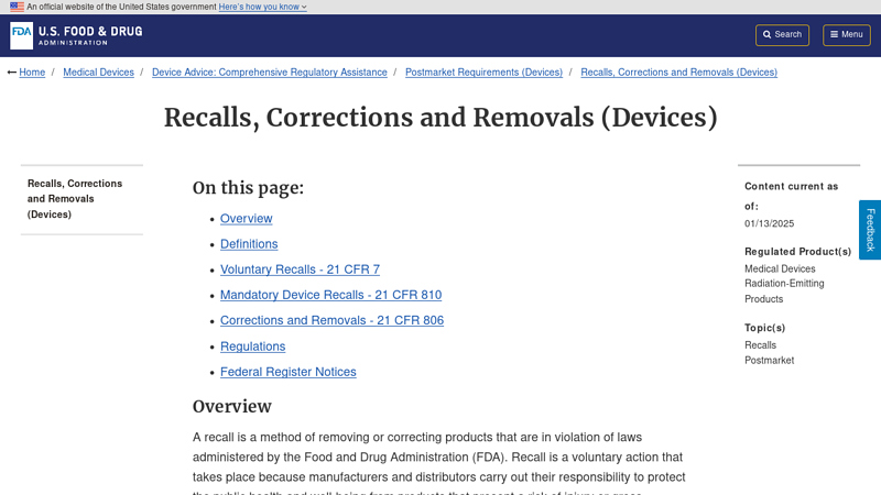 Recalls, Corrections and Removals (Devices)