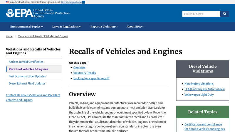 Recalls of Vehicles and Engines
