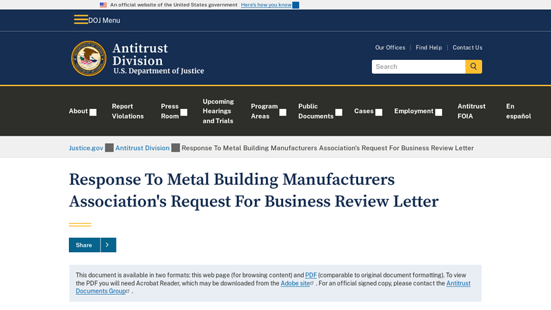 Response To Metal Building Manufacturers Association's Request ...