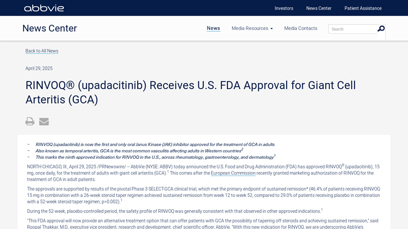 RINVOQ® (upadacitinib) Receives U.S. FDA Approval for Giant Cell ...