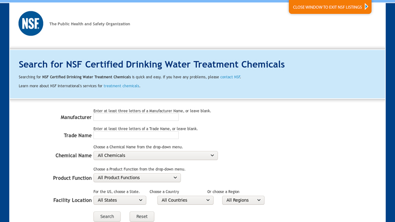 Search for NSF Certified Drinking Water Treatment Chemicals