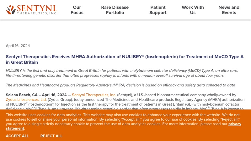 Sentynl Therapeutics Receives MHRA Authorization of NULIBRY ...