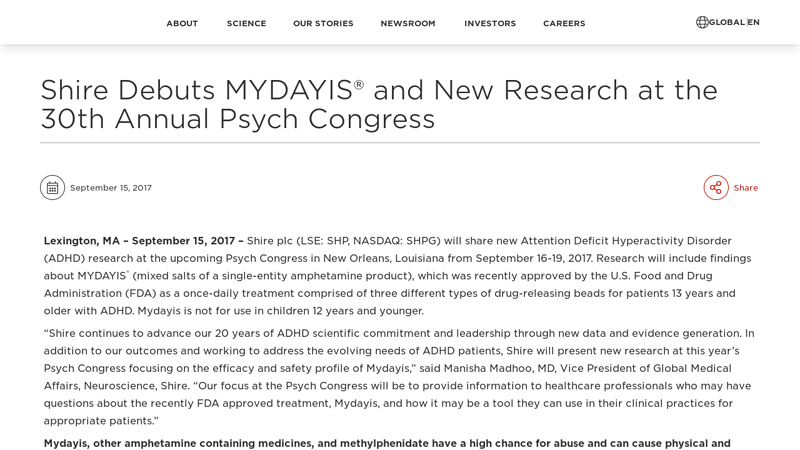 Shire Debuts MYDAYIS® and New Research at the 30th Annual ...