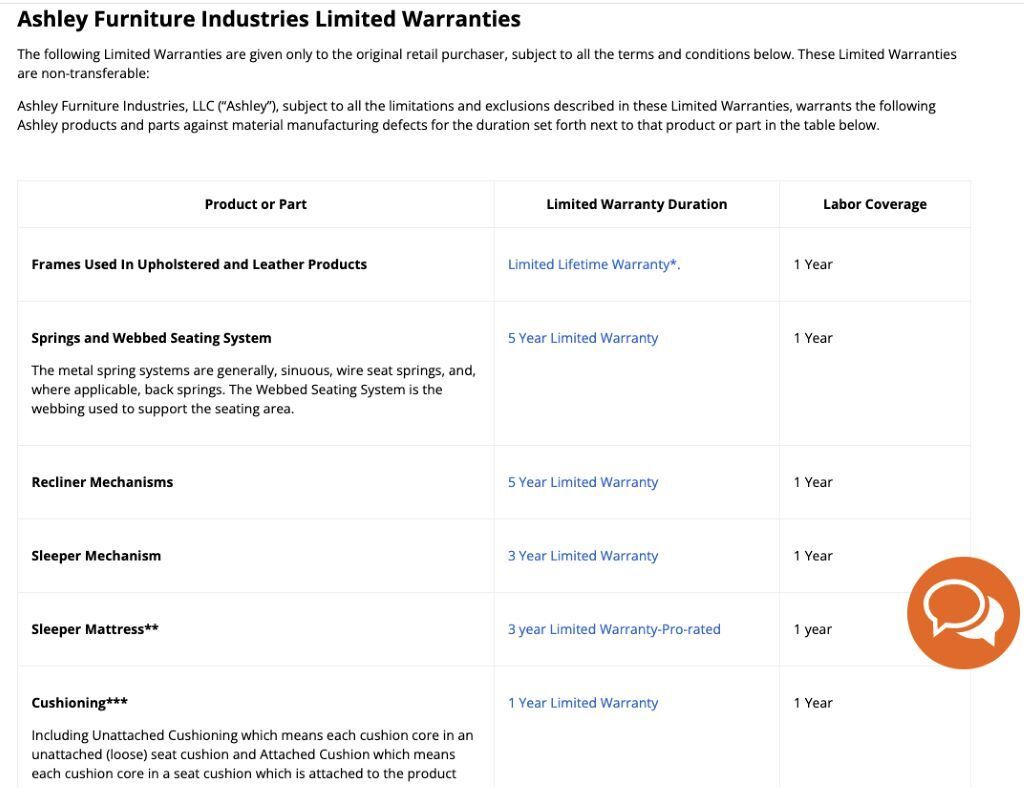 ashley furniture manufacturer warranty