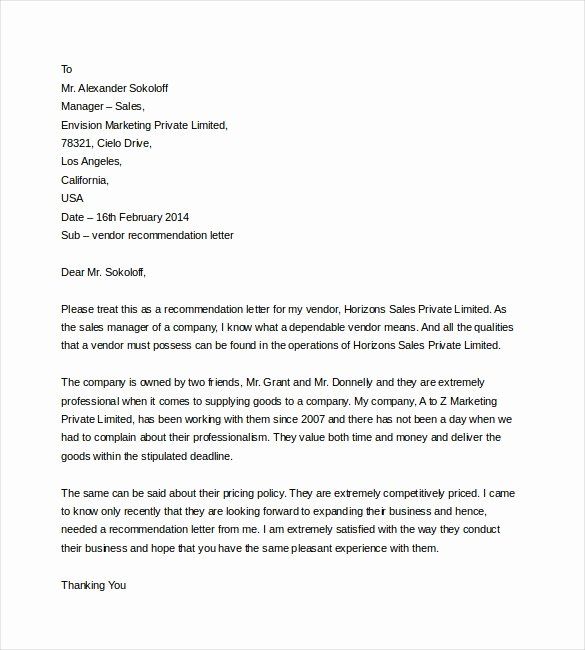 recommendation letter for supplier